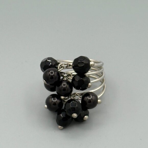 Multi-Band Silver Ring With Black Bead Cluster - Picture 5 of 9